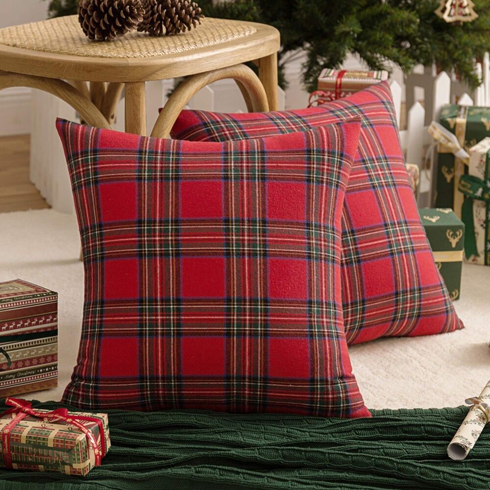 Red Plaid Decorative Throw Pillow Covers Scottish Tartan Cushion, 2 Pack